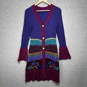 Michael Simon Womens Open crochet Floral Long Sweater Cardigan Button Up RARE XS